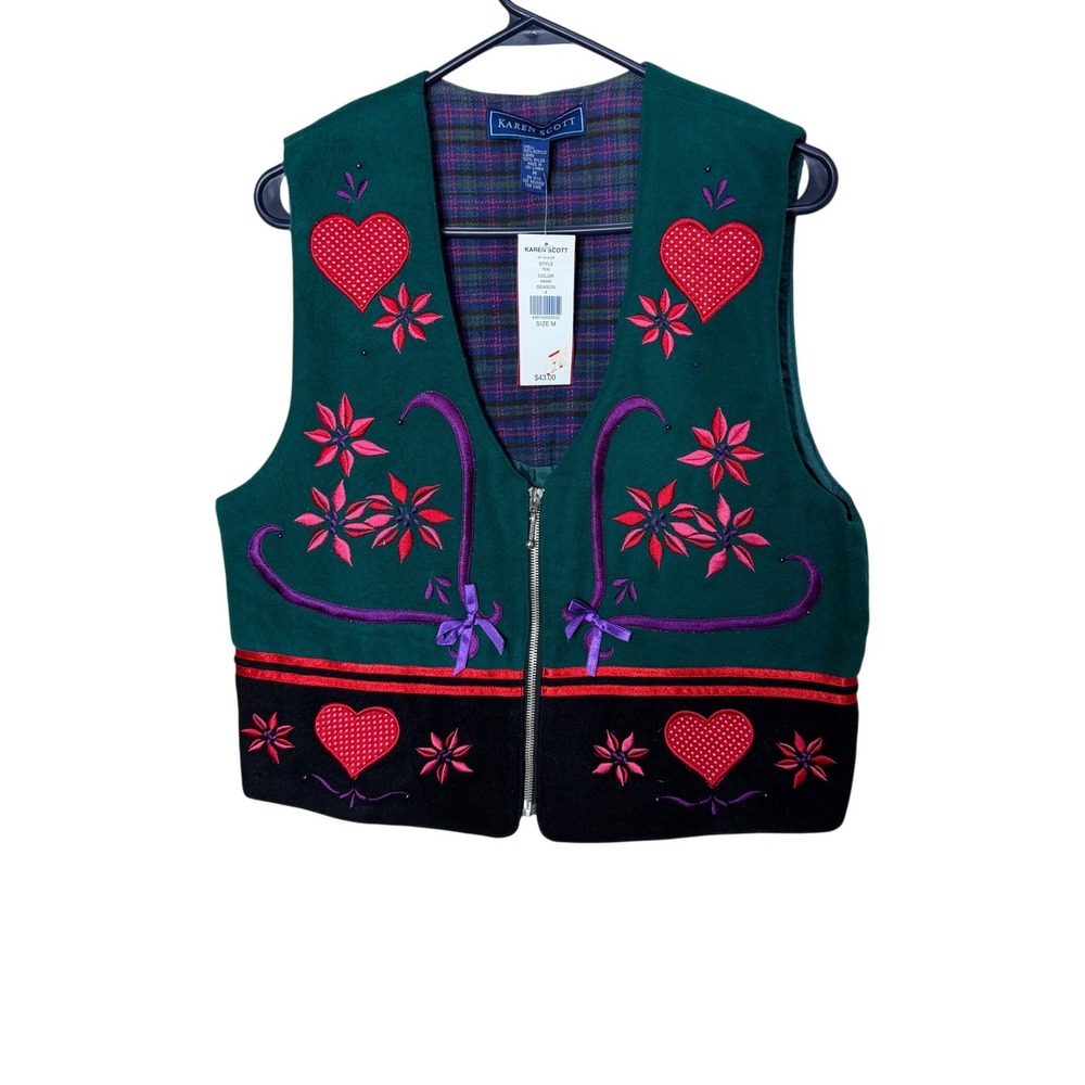 Karen Scott Christmas Collection Green Embroidered Heart Poinsettia Vest NWT M